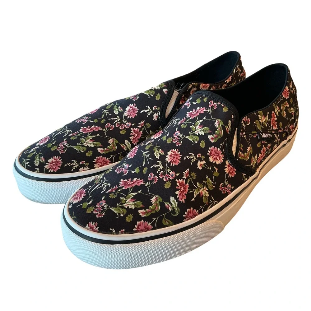 Vans Women’s Asher Black Pink Floral Slip On Sneaker Walking Shoe Size 9.5 - Picture 7 of 9